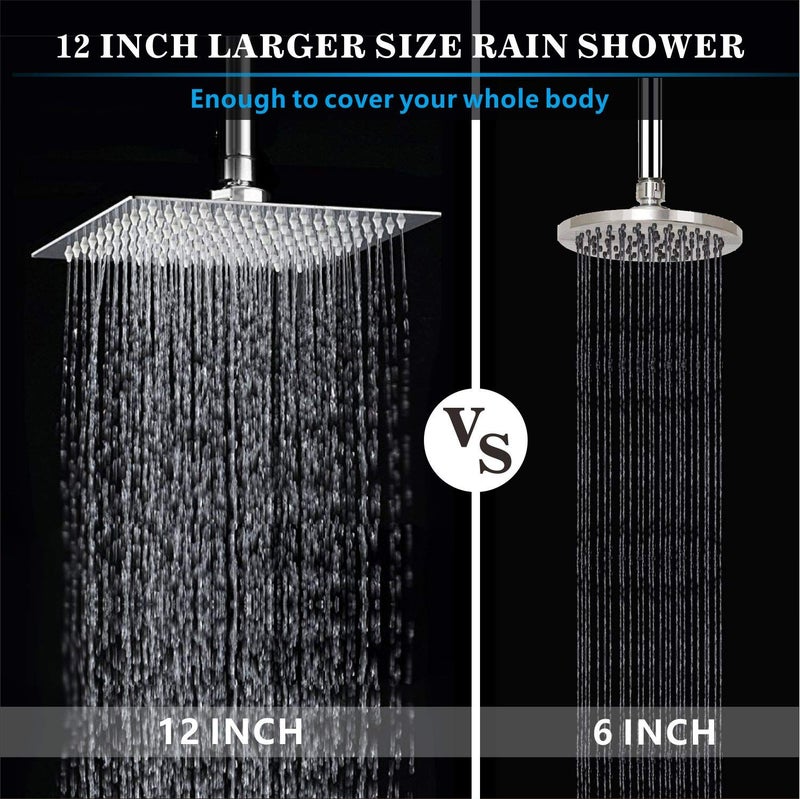 Voolan Rain Shower Head with Goose Neck Curve Arm, All Metal Waterfall Rainfall Showerhead, High Flow Bathroom Square Large Shower Head (12â€™â€™ Shower Head with 13â€™â€™ Shower Arm, Chrome) - Image 4